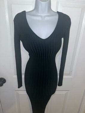 Forest Green Ribbed V-Neck Long Sleeve Bodycon Dress